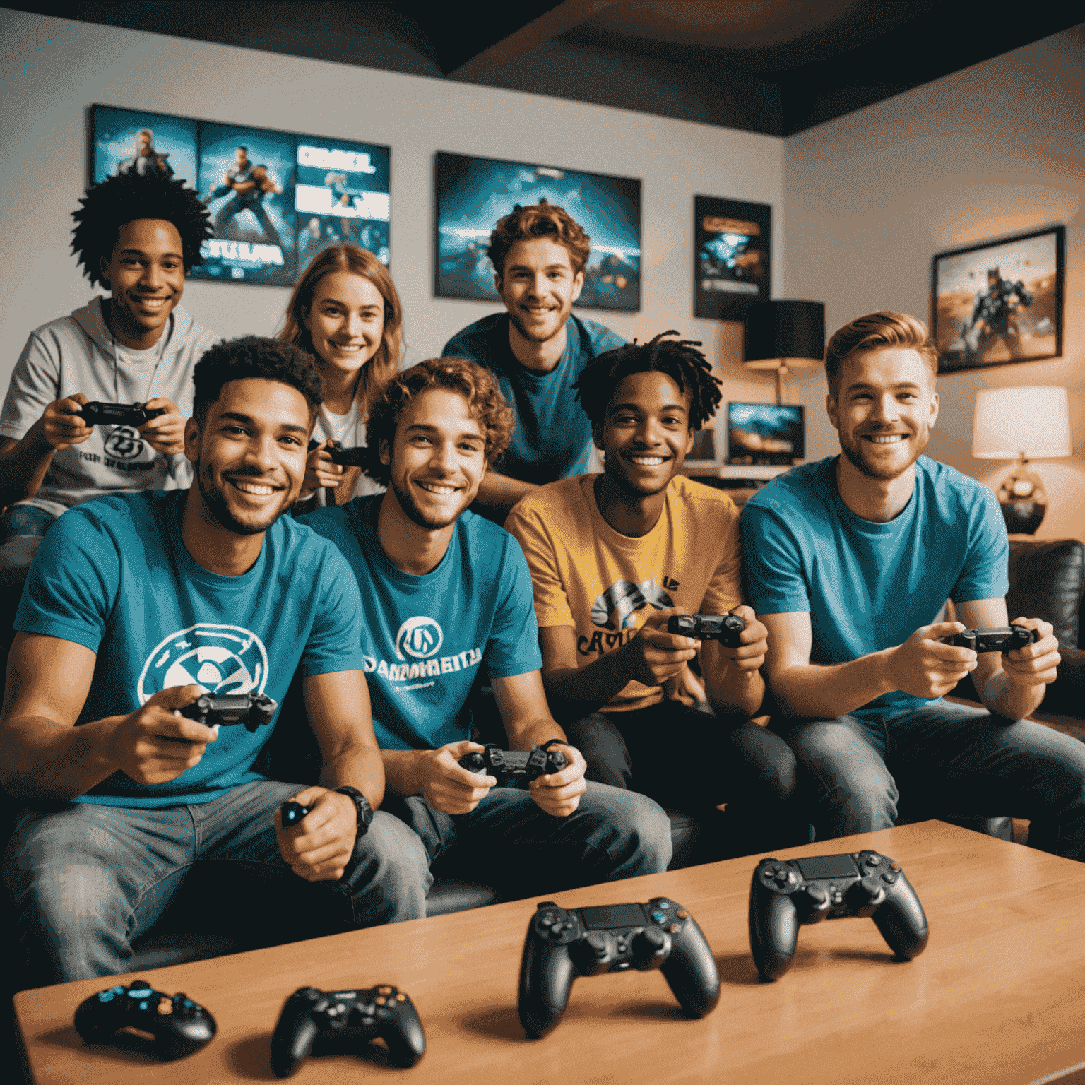 A group of diverse gamers sitting together, smiling and holding various gaming controllers. They are in a modern, well-lit room with gaming posters and equipment visible in the background.