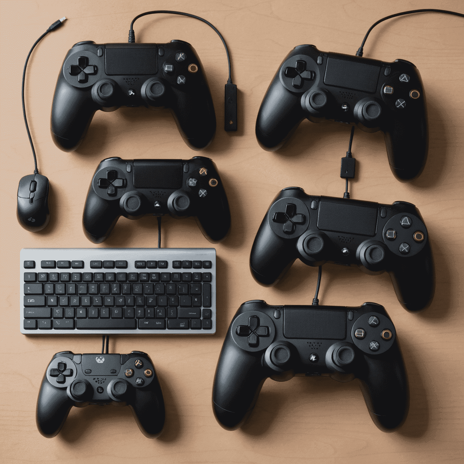 A split-screen image showing various game controllers and keyboard/mouse setups, representing different control schemes for various game genres