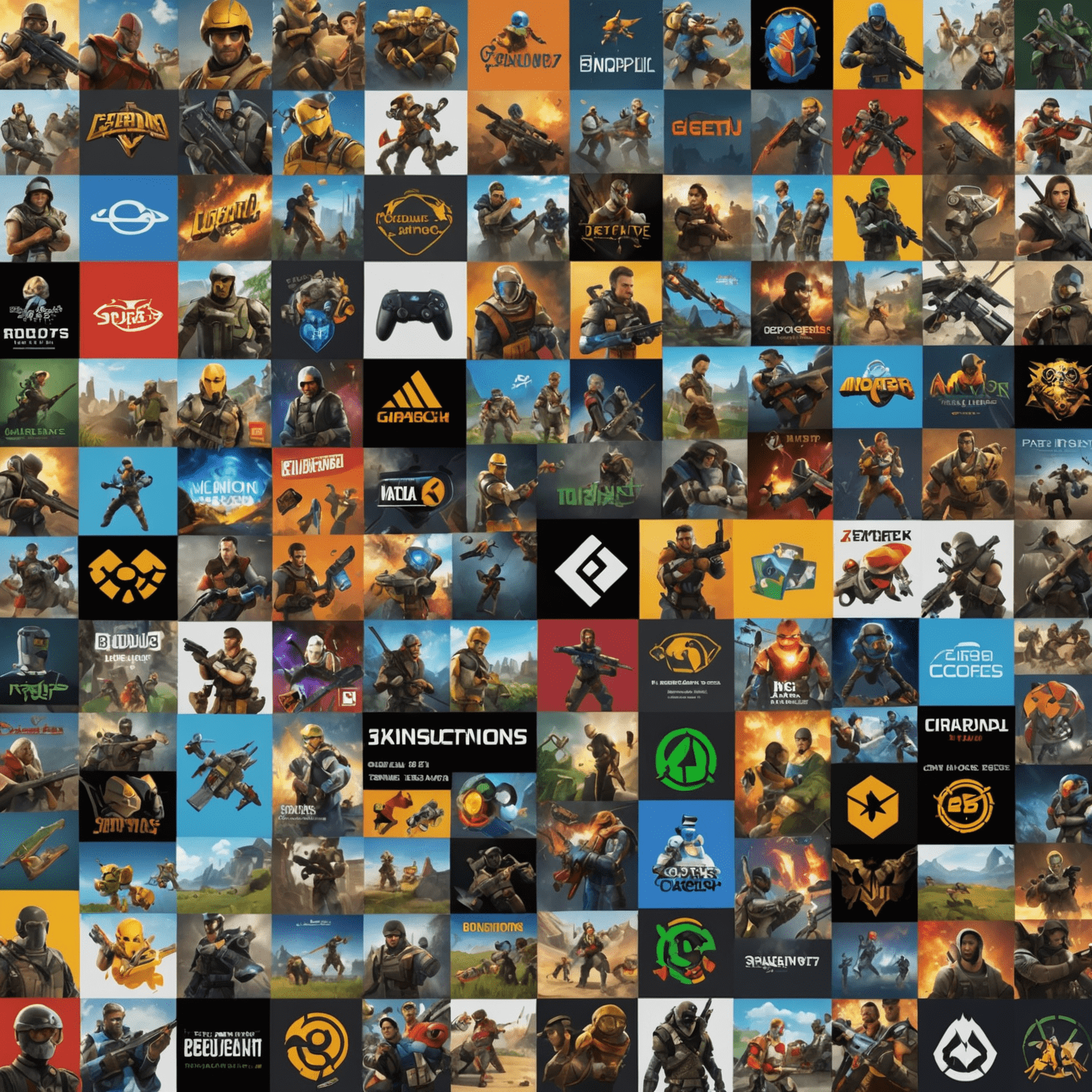 A collage of various video game characters and icons representing different gaming genres and terms. The image includes a first-person shooter perspective, RPG character stats, loot boxes, and health bars to visually represent common gaming concepts.