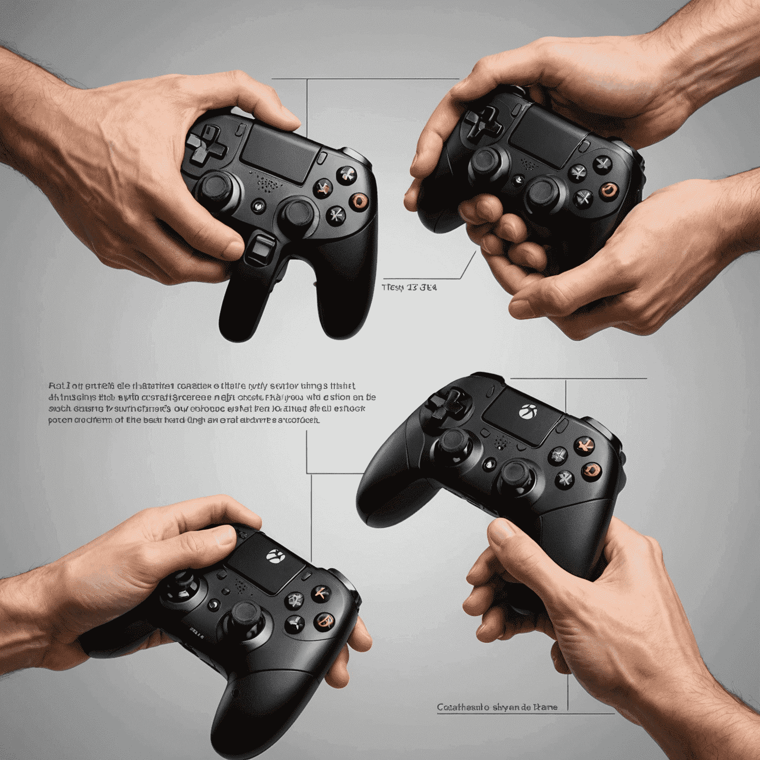 A person's hands demonstrating proper grip techniques on various gaming controllers, with callouts explaining optimal finger placement