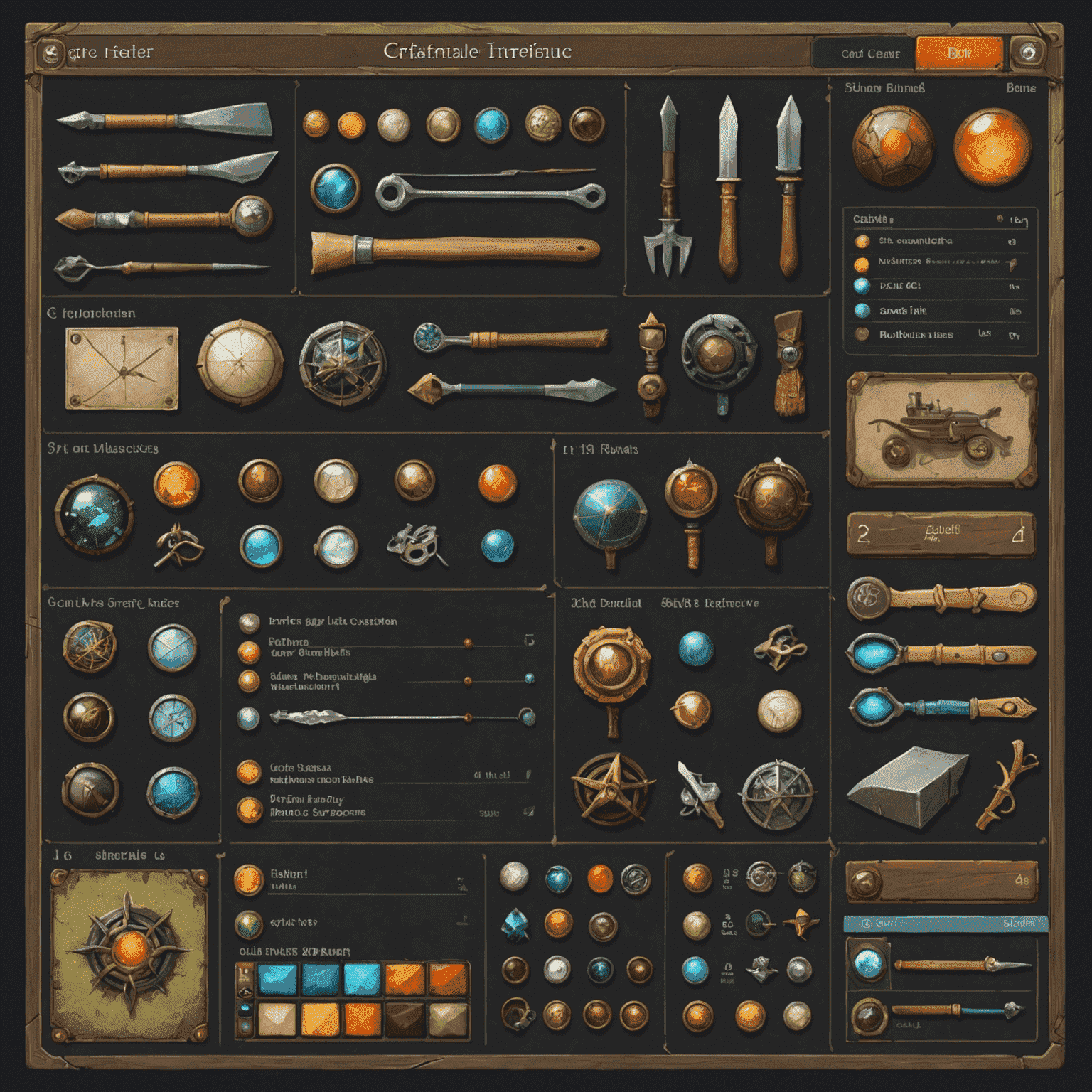 A crafting interface showing various materials and craftable items