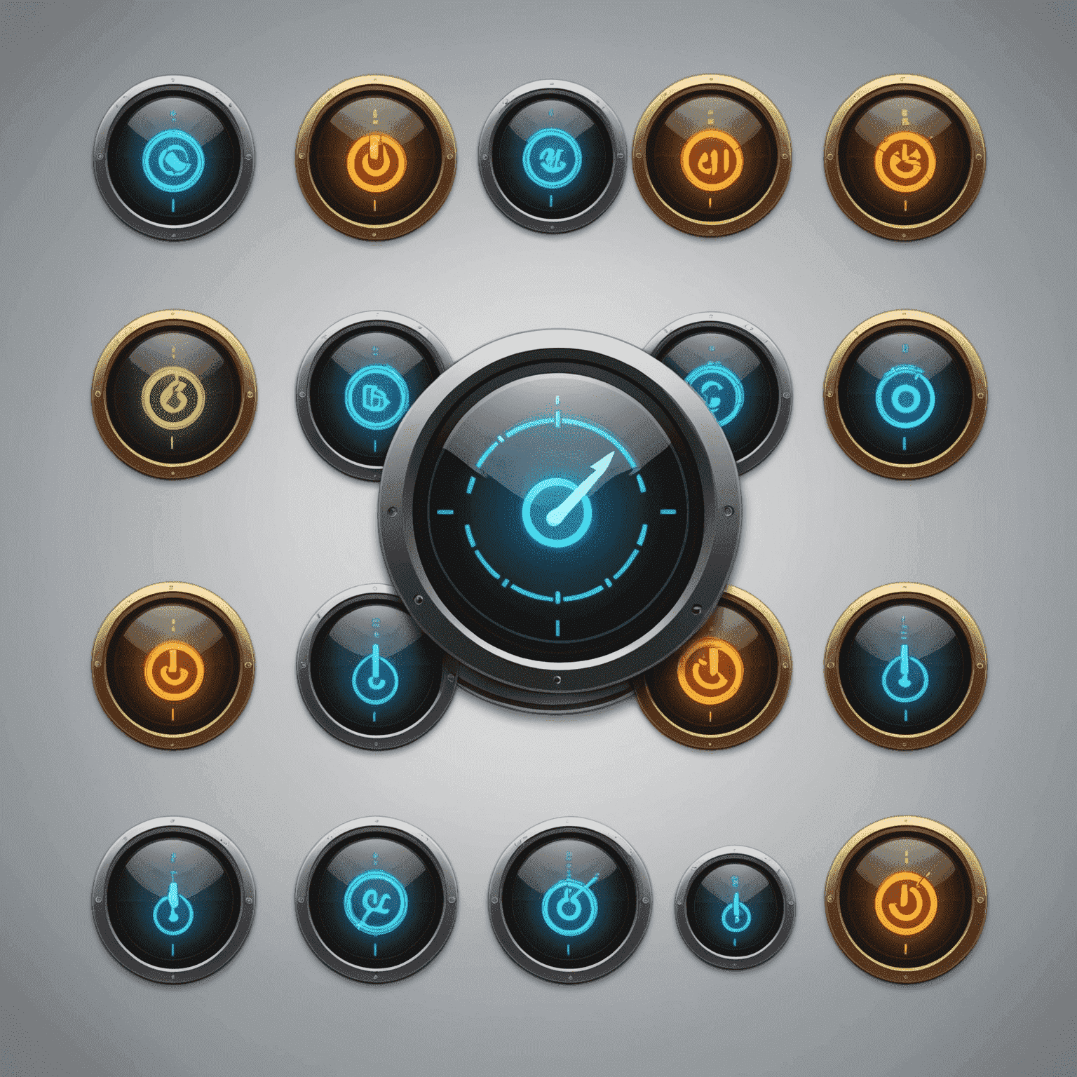 A set of ability icons with circular cooldown timers overlaid, some fully charged and others still cooling down